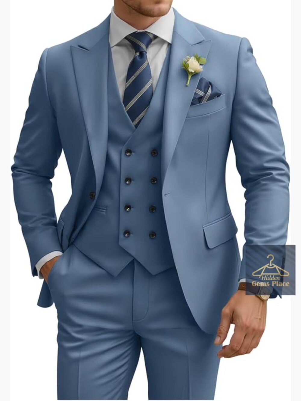 Men's 3 Piece Slim Fit Double Breasted Suit Wedding Tuxedo Prom Formal